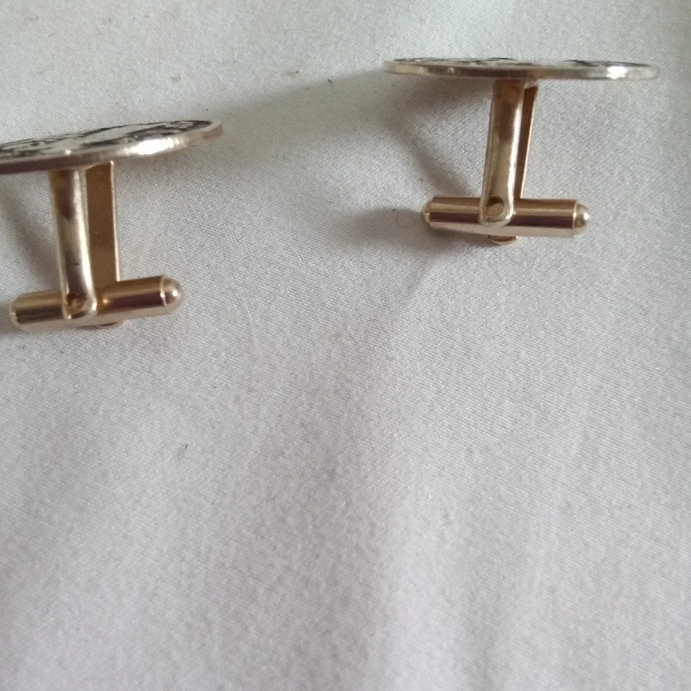 Vintage Gold Tone Geisha Cherry Blossom Round Cufflinks Japanese Motif Fan